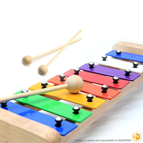 CELEMOON Natural Wooden Toddler Xylophone Glockenspiel For Kids with Multi-Colored Metal Bars Included Two Set of Child-Safe Wooden Mallets (8-tone) - Thumbnail 4