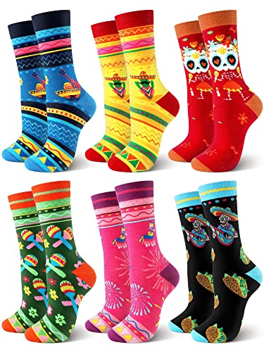 Hercicy 6 Pairs Mexican Taco Socks for Men Women Day of the Dead Skull Novelty Cotton Crew Socks Halloween El Día De Muertos Gifts for Mexican Party Favors Taco Food Lovers Gifts