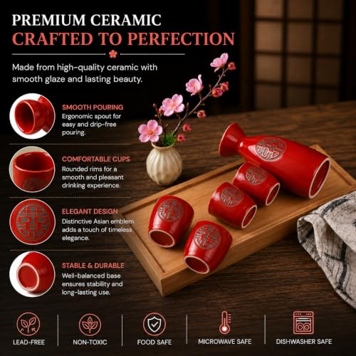 Image of Japanese Ceramic Sake Set - 5 Piece Crimson Red Design Porcelain Sake Set with 1 Sake Bottle (Tokkuri) & 4 Sake Cups | Japanese Wine Set for Drinks, Shochu & Home Bar | House Warming | Gift Set