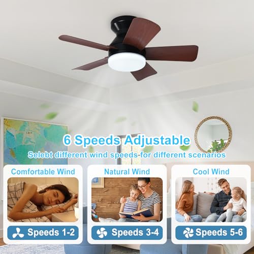 Image of Depuley Modern Ceiling Fan with Light: 25-Inch Black Small Fans for Bedroom Indoor Outdoor - Dimmable Low Profile Ceiling Fans with Remote Control Flush Mount 5 Reversible Walnut Blades 6 Speeds Timer