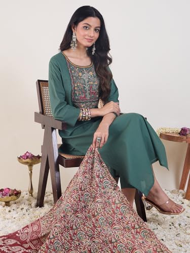 Image of INDO ERA Women's Silk Blend Ethnic Motifs Embroidered Straight Kurta & Pant with Dupatta Set (IESTR12341)