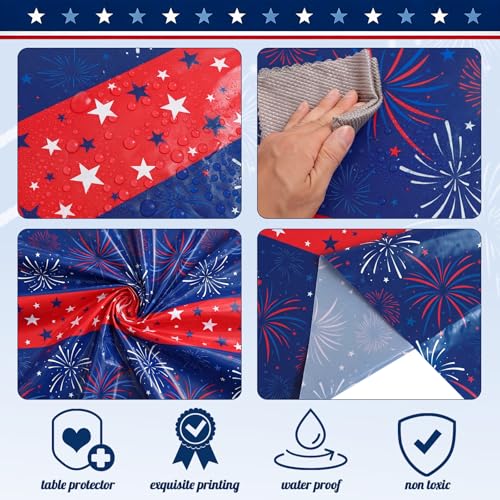Image of Newwiee 6 Pcs 4th of July Patriotic Tablecloth Disposable American Flag Table Cloth Plastic Red White Blue Independence Day Rectangle Table Cover 250th Decoration(Fireworks,51x87)