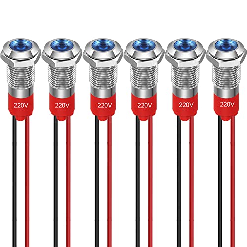 GUUZI 6pcs 8mm Indicador LED 220-230V a Prueba de Agua Panel de Metal Señal Montaje en Panel Cabeza Plana con Cables Carcasa Plateada (Azul)