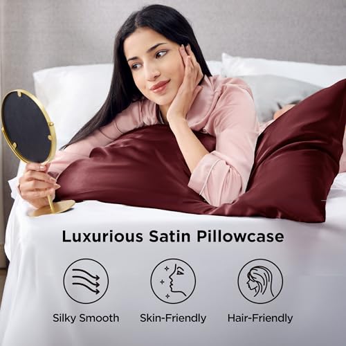 Image of Bedsure King Size Satin Pillowcase Set of 2 - Valentine Pillow Cases for Hair and Skin with Envelope Closure, Similar to Silk Pillow Cases, Gifts for Women Men, Burgundy, 20x36 Inches, 2pcs