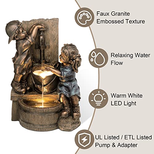 Image of Glitzhome Outdoor Water Fountain with LED Light, Children Playing with Faucet Waterfall Fountains, Antique Bronze Resin Boy and Girl Statue Outdoor Waterfall Fountain for Patio Backyard Garden, 25 inchH
