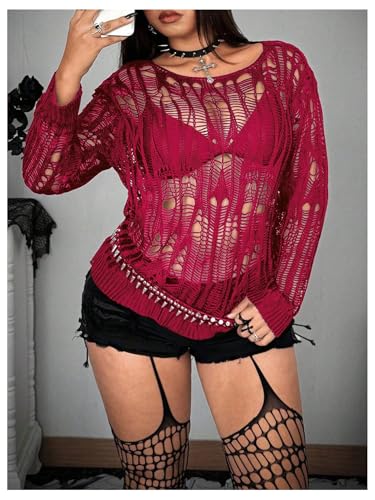 Image of RoseSeek Women's Plus Size Y2K Cut Out Long Sleeve Punk Sweater See Through Knitwear Open Knit Grunge Tops