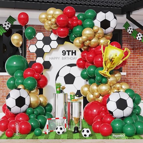 PageebO Soccer Birthday Party Decorations 161Pcs Dark Green Ruby Red Gold Balloons with Soccer Trophy Foil Balloons for Sports Soccer Theme Party Decorations Birthday Soccer Match Party Supplies