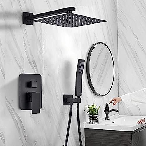 XCHSXYL Kits de Ducha, Juego de Ducha de Pared, Grifo Mezclador de Ducha Tipo Lluvia para baño con Ducha de Mano, caño Giratorio Negro, 12 Pulgadas A, 10 Pulgadas