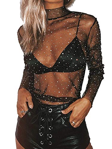 Blusa sexy transparente para mujer con lentejuelas de malla transparente y purpurina, de manga larga, cuello de tortuga, blusa transparente, B-negro, S