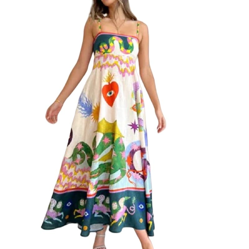 Whimsical Animal Print Maxi Dress, Strapless Empire Waist, Multi-Color Summer Dress with Artistic Pattern