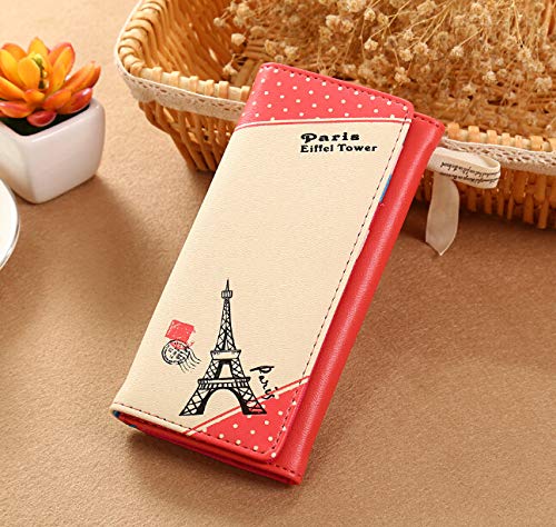 Paris Effiel Tower Cartoon PU Leather Wallet Cash Coin Long Purse Card Holder for Women & Girls (Watermelon Red)2