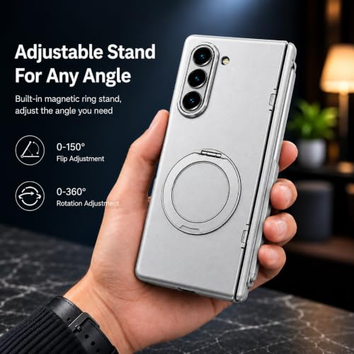 Image of amazon basics Armor Case for Samsung Galaxy Z Fold 8 Ultra with 360 Rotating Ring Stand, Built-in Screen Protector, Hinge Protection, and Included Stylus Pen (Matte Silver)