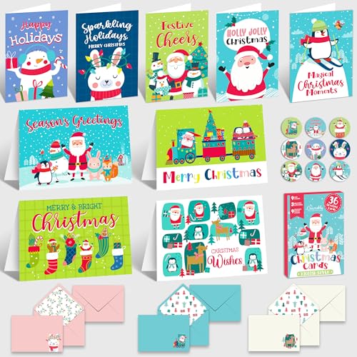 Decorably 36 Pack 5x7in Kids Christmas Cards with Envelopes and Stickers, 9 Fun Designs Assorted Christmas Cards Bulk with Printed Message Inside