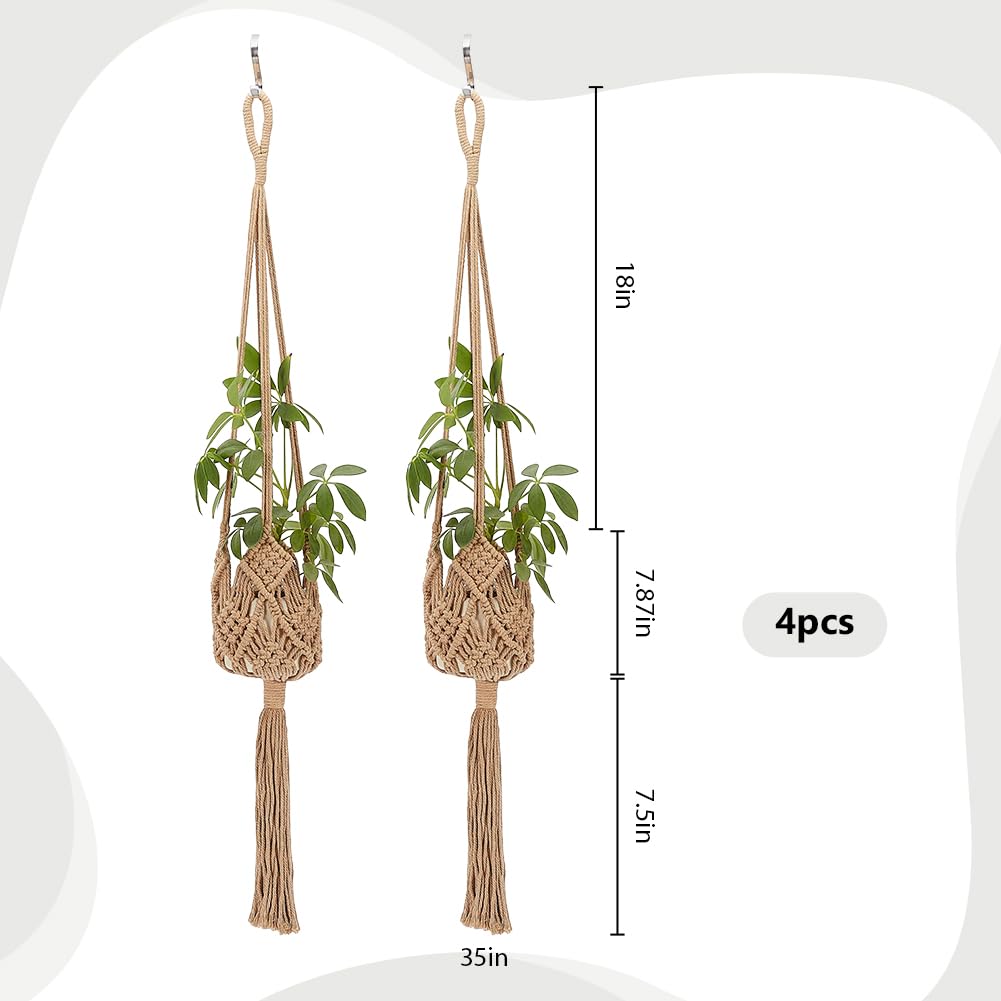 WEBEEDY Lot de 4 pots de fleurs tressés à la main en macramé avec crochets en acier inoxydable pour intérieur ou extérieur Marron