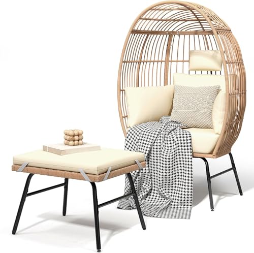 YITAHOME Accent Living Room Egg Chair w/ 2-in-1 Ottoman, Wicker