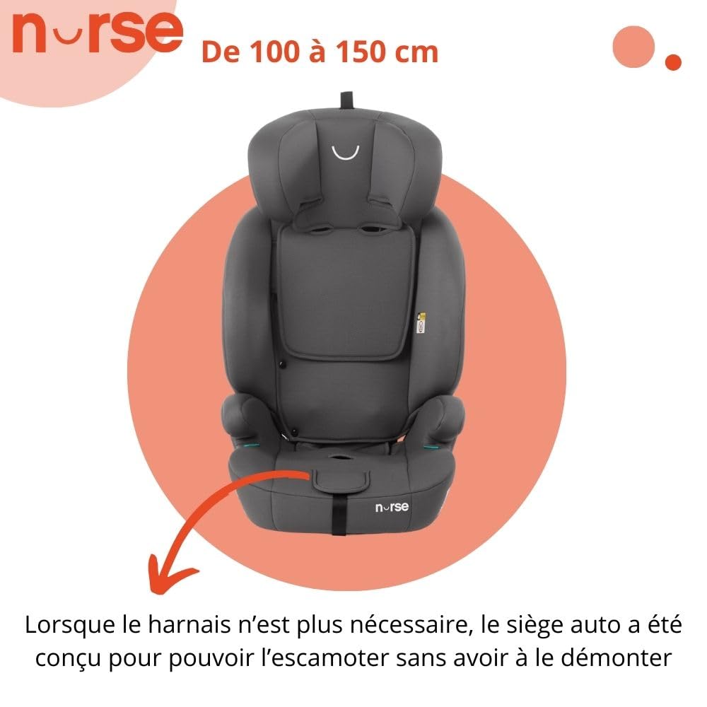 Nurse by Jané Grip Siège Auto i-Size 76–150 cm, 2–12 Ans, Sans Isofix, Installation Ceinture, 9 Positions, Groupe 1 2 3, Gris