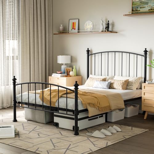 Mistmo Full Size Metal Platform Bed Frame, Victorian Wrought Iron-Art Design,Mattress Foundation with Headboard & Footboard, Under Bed Storage, No Box Spring Needed, Black