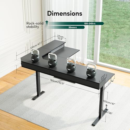 Image of FEZIBO L-Shaped Electric Standing Desk, 63 x 48 Inches Height Adjustable, Reversible Tabletop, Corner Desk with Drawers, Ergonomic Computer Table, Black Top