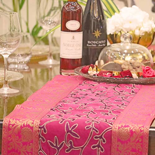 Image of Ari Zari Embroidery Table Runner for Dining Table 6 Seater 72IN Indian Satin Traditional Long Runner Up with Tassels Tablecloth for Room & Home Runner (Pink)