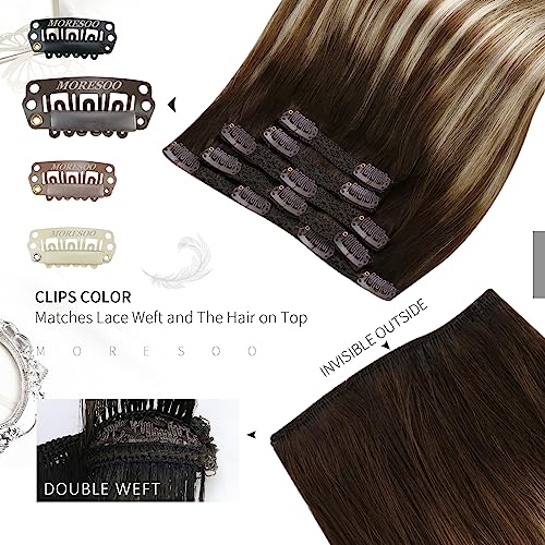 Moresoo Clip in Hair Extensions Roots Dark Brown Ombre Medium Brown with Bleached Blonde Balayage Real Hair Extensions Clip in Human Hair Natural Shadows 14 Inch 5pcs/80g #4/6/613 - Image 4