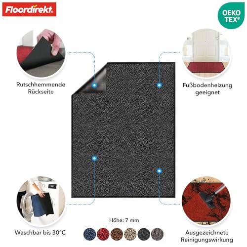 Floordirekt Schmutzfangmatte Rhine - waschbare & leistungsstarke Fußmatte - Sauberlaufmatte mit Rutschfester Rückseite - Türmatte für den Eingangsbereich (Anthrazit (meliert), 120 cm x 180 cm)