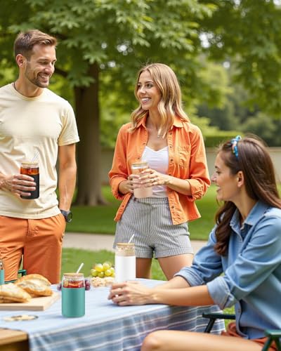Image of Glass Cups with Lids and Straws, 2 Pack 16OZ Iced Coffee Cups with Silicone Sleeve, Glass Tumbler with Straw and Bamboo Lid, Home Essential Drinking Set for Juice, Cocktail and Latte Black&Khaki