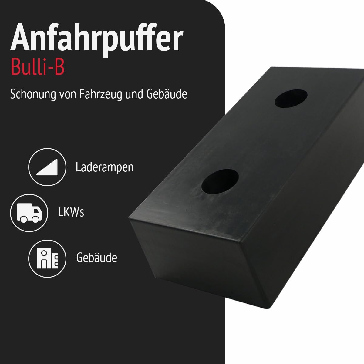 Anfahrpuffer Bulli-B 140 | 500x250x140mm Gummipuffer für Rampen und Standard-Überladebrücken. Schützt LKWs, Wechselbrücken und Gebäude | Lochabstand: 250mm; Lochdurchmesser: 62mm
