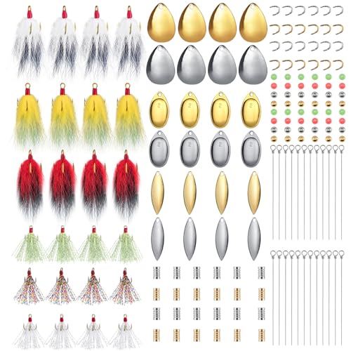 Alwonder 168PCS/Box Spinner Making Kit Lure Making Supplies Colorado Willow Spinner Blades Feather Treble Hooks DIY Make Your Own Lure Inline Trout Walleye Bass Spinnerbait