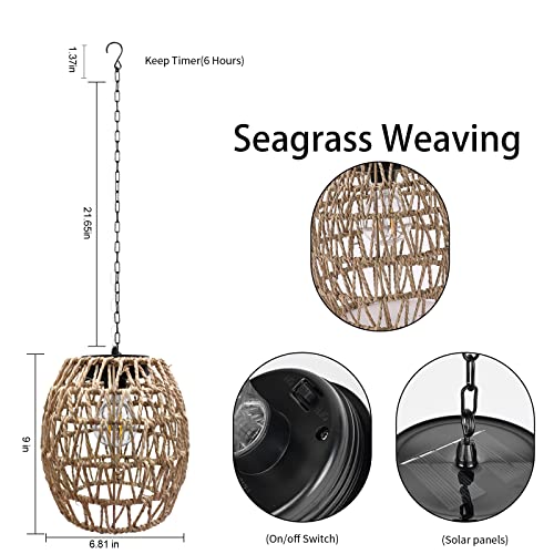 Outdoor Solar Hanging Lantern, Natural Seeweed Rattan Bamboo Woven Porch Patio Gazebo Pendent Chandelier Light Decorative Solar Powered Hanging Lamp For Front Door Garden #TOP2
