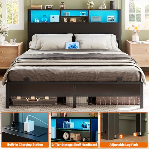 Image of Aheaplus Headboard for Queen Size Bed with Storage, Headboards with Outlets | Queen Size Head Board Only, USB Ports and LED Light, Height Adjustable, Reversible, Sturdy and Stable Headboard, Black