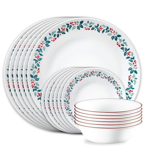 Corelle Vitrelle 18-Piece Christmas Service for 6 Dinnerware Set, Triple Layer Glass and Chip Resistant, Lightweight Round Holiday Plates and Bowls Set, Winter Berries Corelle Vitrelle 18-Piece Christmas Service for 6 Dinnerware Set, Triple Layer Glass and Chip Resistant, Lightweight Round Holiday Plates and Bowls Set, Winter Berries