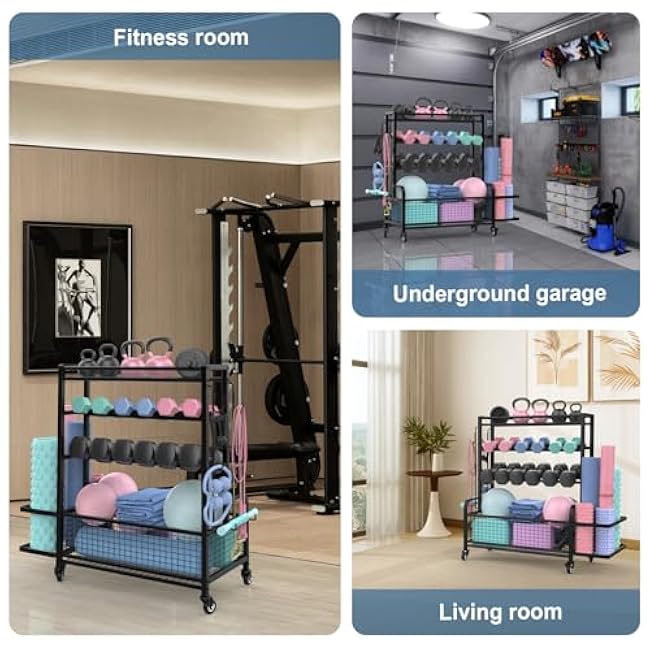 Eglua 4-Tier Heavy-Duty Home Gym Storage Rack with Adjustable Shelves & Lockable Wheels - All-in-One Workout Equipment Organizer for Dumbbells, Kettlebells, Yoga Mats, Foam Rollers, Resistance Bands, and More (Black)