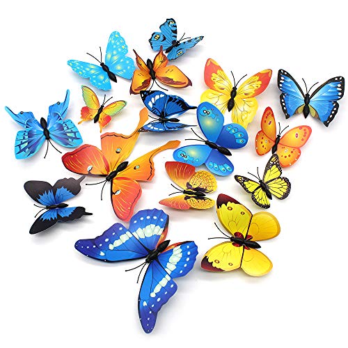 FUJIE 24枚入り 立体 3D 蝶 • 冷蔵庫マグネット 蝶型貼り紙 黄色い蝶 • ウォールステッカー 青い蝶 • 壁紙シール シミュレーションバタフライ 取り外し可能 寝室 リビング 緑の植物の装飾のサムネイル