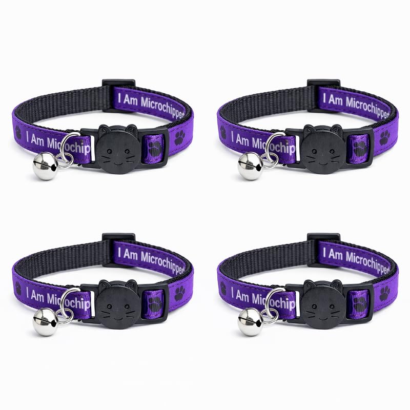 Worded Cat Collars – Please Do Not Feed Me, I Am Microchipped | Safe Quick Release Breakaway Buckle | Zacal Cat Collars (Pack of 4, Purple, I Am Microchipped)