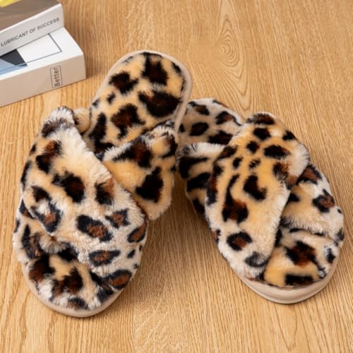Image of Enteer Women's Slipper Memory Foam Cross Band Fuzzy Slippers Open Toe Cozy House Slippers Cozy Plush Bedroom Indoor Outdoor
