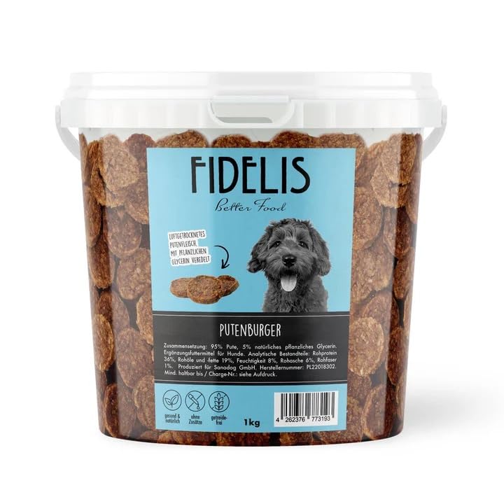 Fidelis – Putenburger für Hunde im wiederverschließbarem 1kg-Eimer - Luftgetrocknete Hunde Leckerlis aus 100% natürlichen Rohstoffen