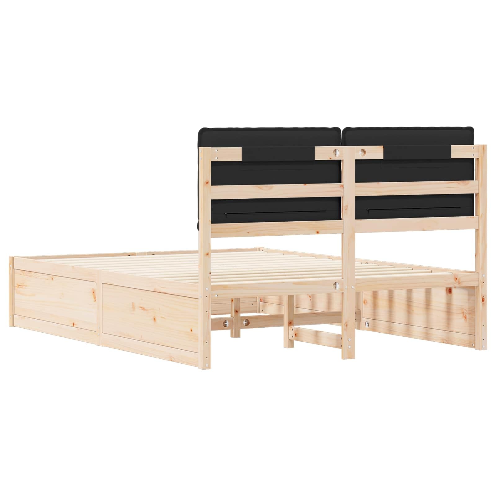 Bettgestell mit gepolstertem Kopfteil Schwarz aus massivem Kiefernholz 160 x 200 cm, Robustes Holzbett mit Lattenrost, modernes Doppelbett für Schlafzimmer und Gästezimmer