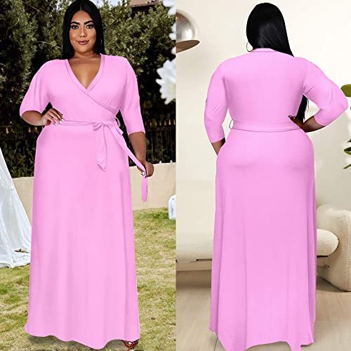 Image of Nmoder Plus Size Maxi Dress for Women - Summer Casual 3 /4 Sleeve Floral Flowy Long Dress with Belt XL- 6XL
