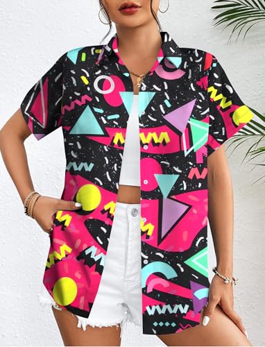 80s 90s Outfits Women 80s Neon Shirt Retro Theme Party Disco Shirt Hawaiian Button Down Short Sleeve Unisex Tops3