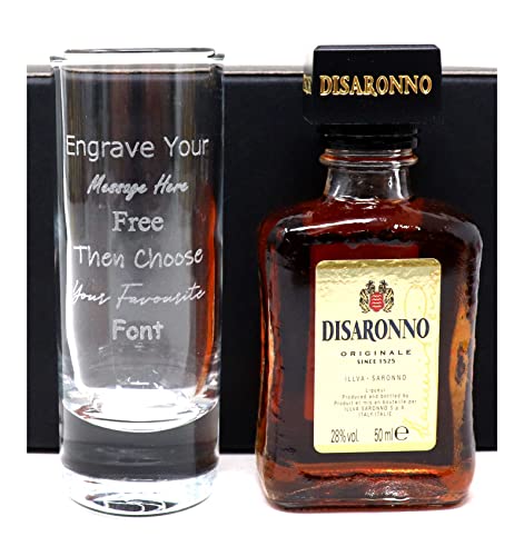 Regalo Personalised Engraved Tall Shot Glass & Miniature Alcohol (Disaronno Amaretto Original)