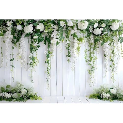 Ttincceer Fleur Blanche Toile de Fond de Mariage 2.2x1.5m Planche Blanche rétro avec Feuilles Vertes Fond de Douche Nuptiale Florale bébé Fille fête...