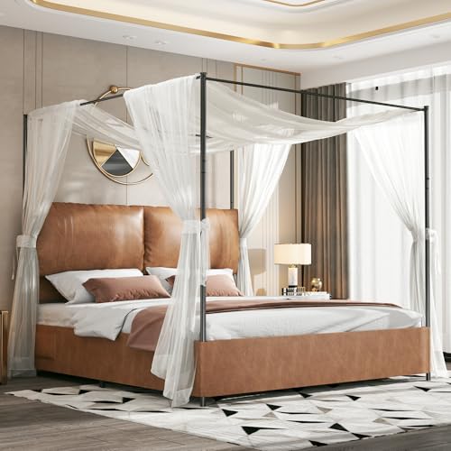 PAUKIN Canopy Bed Frame King Size with Upholstered Headboard, Sturdy and Stable, Easy to Assemble, Metal Bar Support, no Spring Mattress Required. (Brown, King)