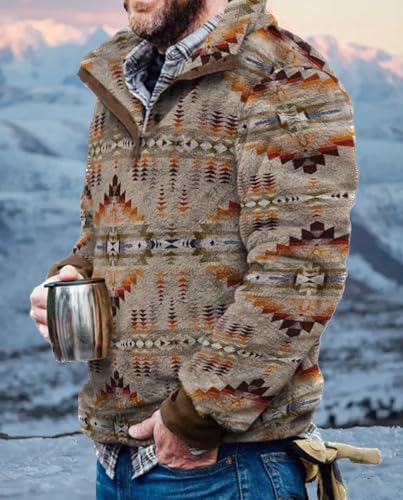 Costaric Mens Western Sweatshirts Aztec Graphic Fleece Fuzzy Sweatshirt Button Front Vintage Casual Sharpe Pullover Hoodie2