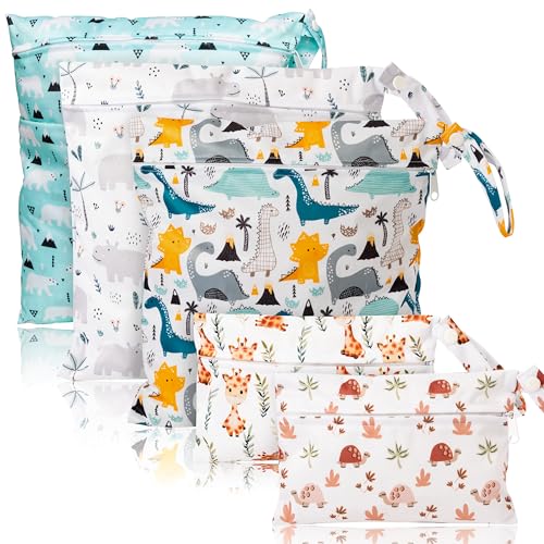 Image of R HORSE 5Pcs Waterproof Reusable Diaper Baby Cloth Wet Dry Bags with 2 Zippered Pockets Travel Beach Pool Bag with Polar Bear Dinosaur Animal Alphabet Crocodile Pattern (3 Sizes)