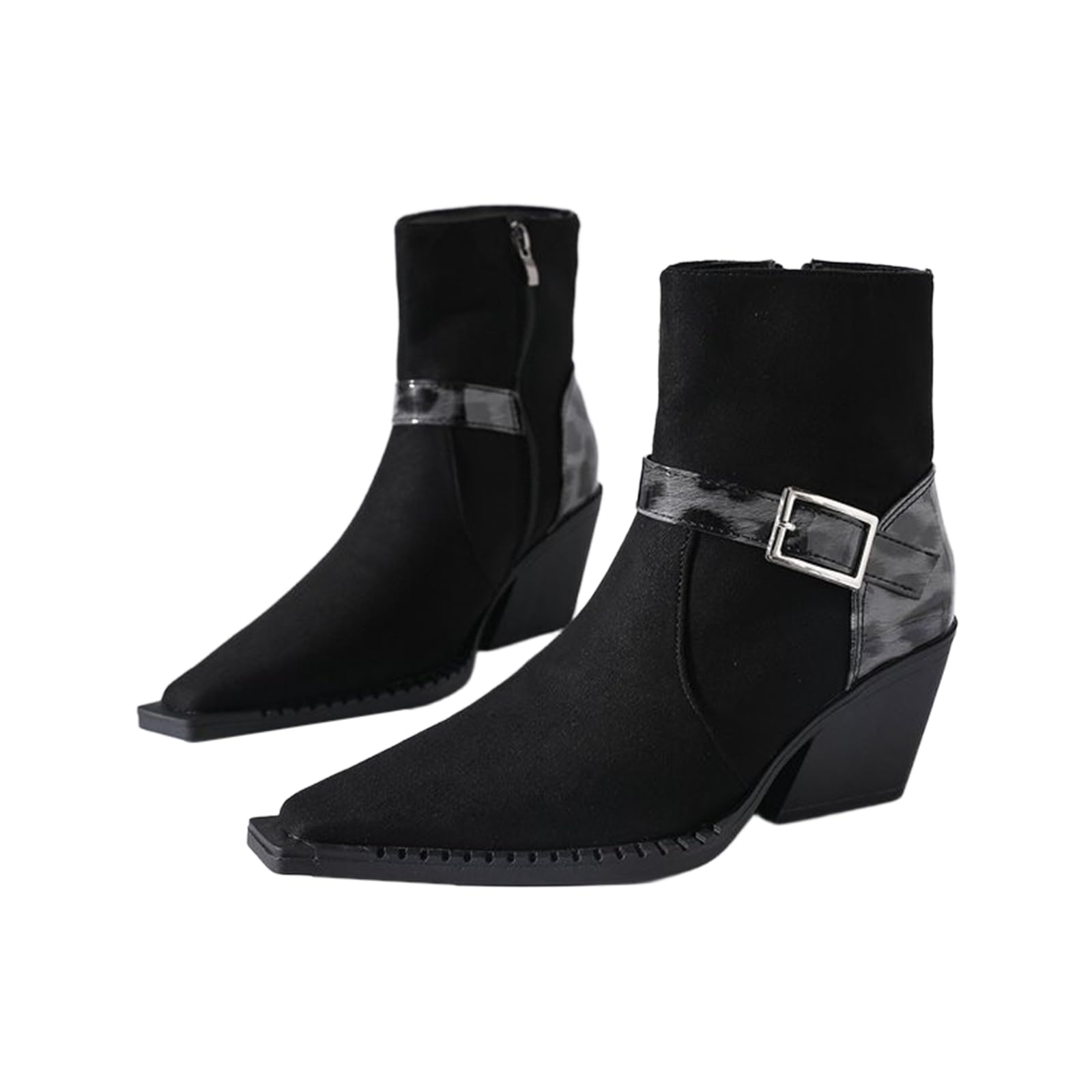 Womens Suede Stacked Chunky Heel Western Chelsea Boots with Print Buckle Strap Fashionable Comfortable Square Pointed Toe Non-Slip