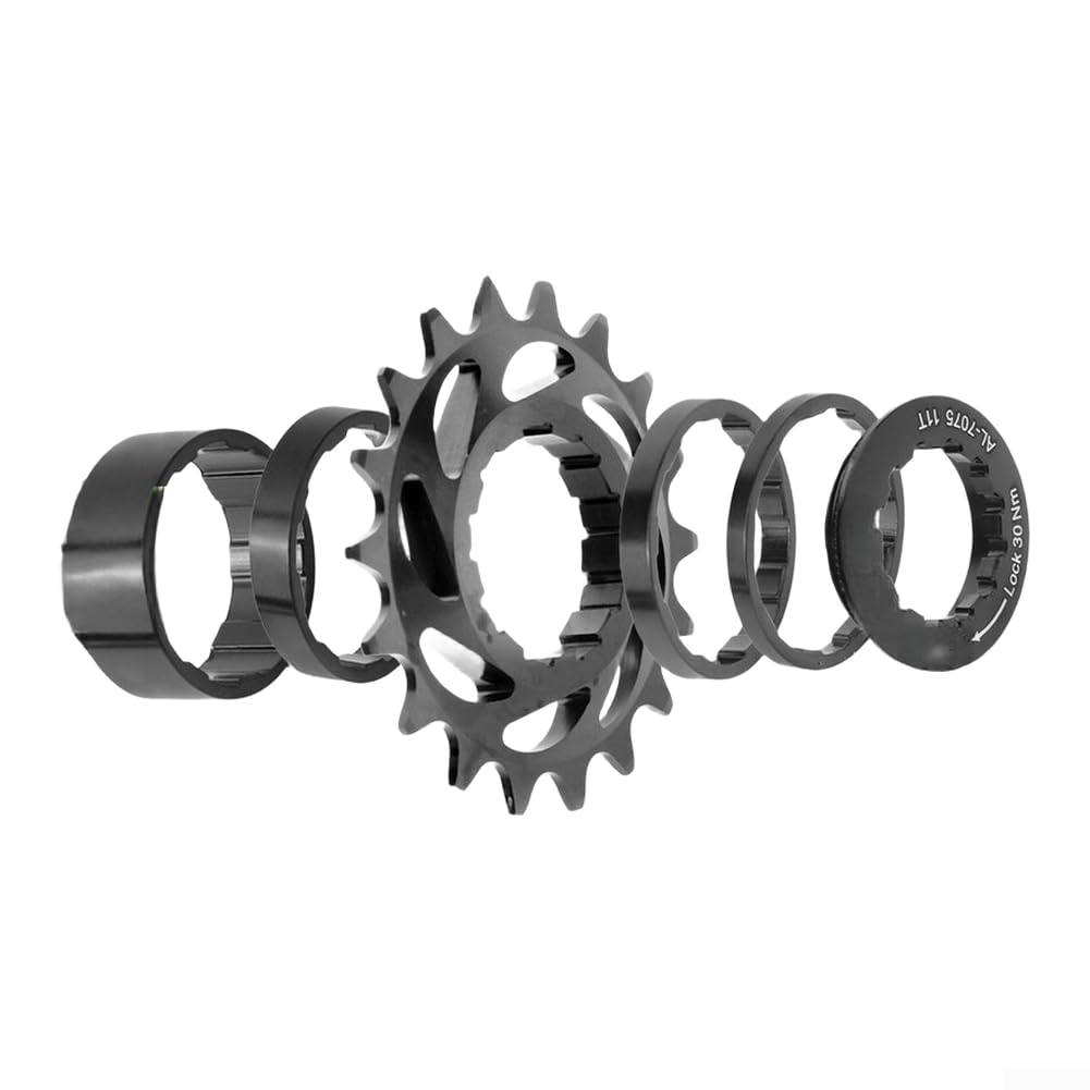 Accarugty Single Speed Bicycle Freewheel Cog, CNC Aluminum Alloy 16T 18T Tooth, Conversion Kit With Spacers And Lockring, For MTB Fixed Gear Bike Hubs, Secure Fit(Black-16T)