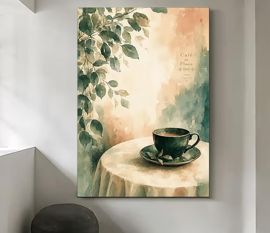 HFEWQM Leinwanddruck im Retro-Aquarellstil, grüne Glasur, Kaffeetassen-Untertassen-Motiv, Wandbild für das Wohnzimmer (80 x 120 cm/rahmenlos)