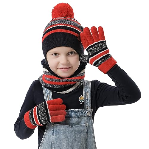 Image of Kids Toddlers Winter Hats Knit Warm Beanie Scarf Gloves Set for Boys Girls Age 2-7, Pompom Cap Neck Warmer Fleece Lined Gifts