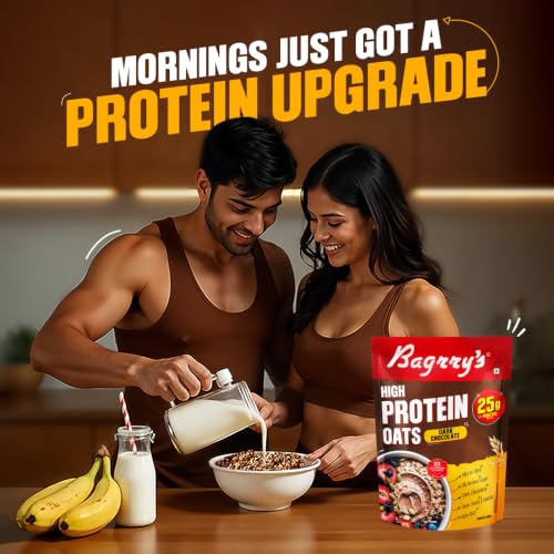 Image of Bagrry's High Protein Oats with 25g Protein per 100g- 750g Pouch | Dark Chocolate Oats with Raisins & Pumpkin Seeds | Whey Protein & Plant Protein Blend | High Fibre Breakfast Cereal | Instant High Protein Meal | Rolled Oats | No Refined Sugar | No Added Preservatives | Non GMO