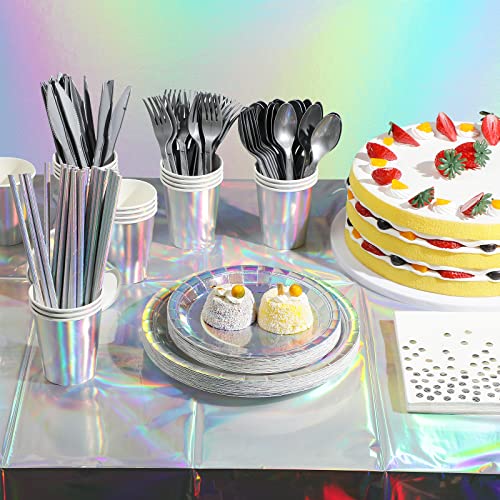 Iridescent Party Supplies Decorations, Holographic Plastic Plates And Napkins Set, Disposable Iridescent Paper Plates Cups Knives Spoons Fork Straw For Unicorn Mermaid Birthday Wedding Party, Serve 25 #TOP3